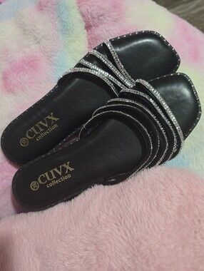 Women's Black Rhinestone Slide Sandals